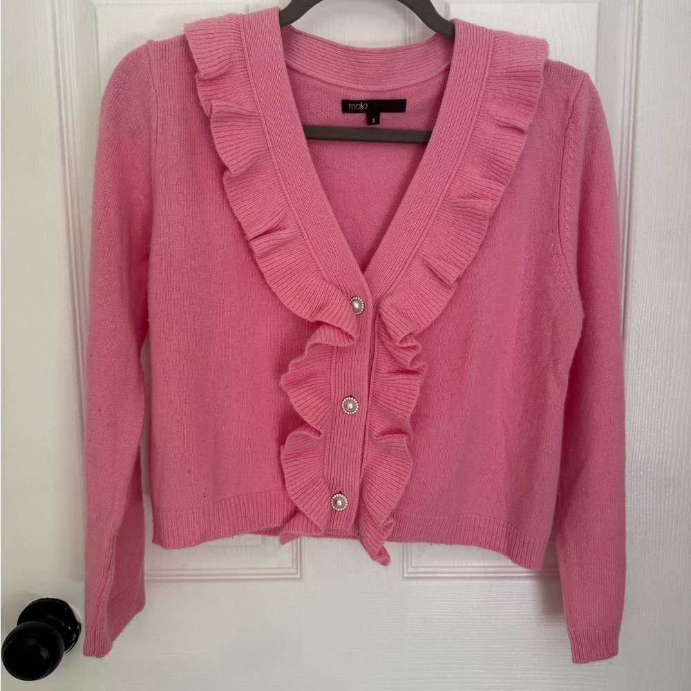Maje Pink Ruffle Trim pearl button Cardigan
